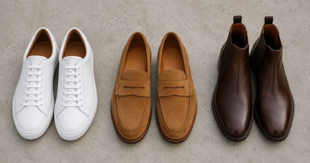 best casual shoes for men flat lay showing white leather sneakers tan suede loafers and brown chelsea boots representing three essential shoe categories