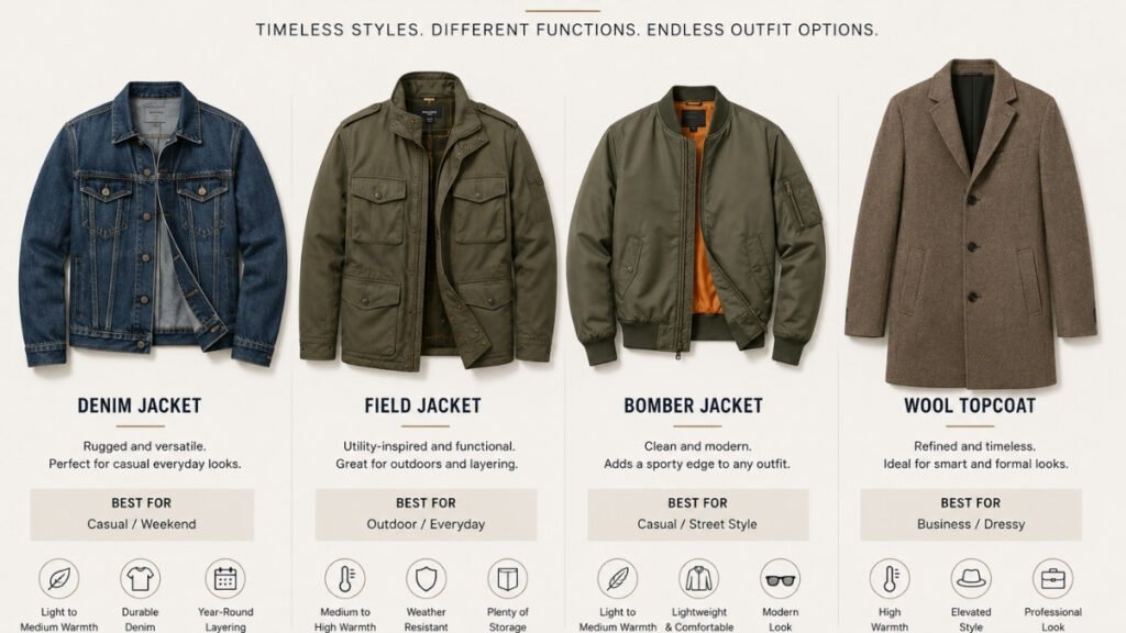 Popular men's jackets for fall including denim, bomber, field jacket, and wool coat