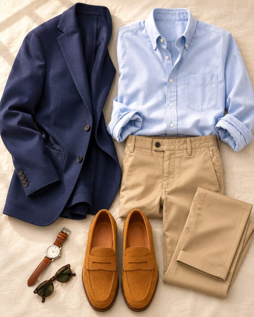best loafers for men flat lay showing tan suede penny loafers with khaki chinos oxford shirt and navy blazer for smart casual outfit