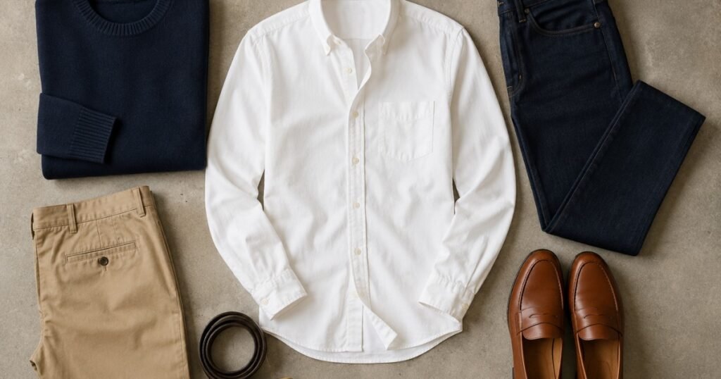 best men's clothing brands guide flat lay showing quality wardrobe essentials including white oxford shirt dark chinos leather belt white tee and leather loafers representing everyday style foundation