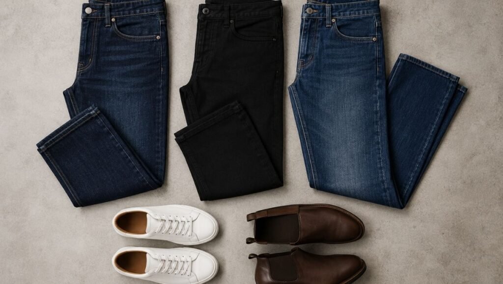 best men's jeans flat lay showing dark indigo slim fit black straight leg and athletic fit denim side by side with white leather sneakers and brown leather boots