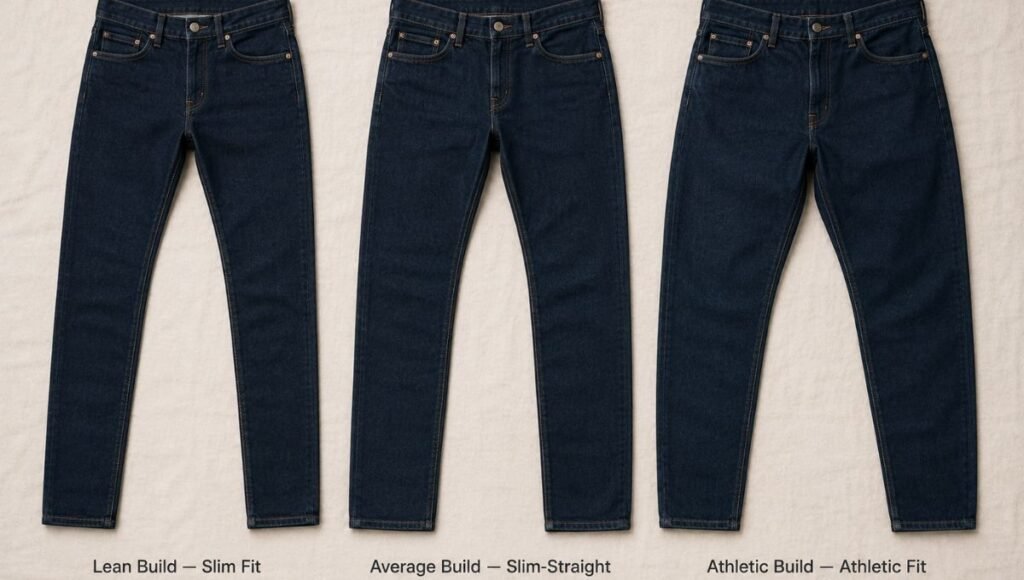 men's jeans body type fit guide showing slim fit for lean build straight fit for average build and athletic fit for broader thighs flat lay comparison