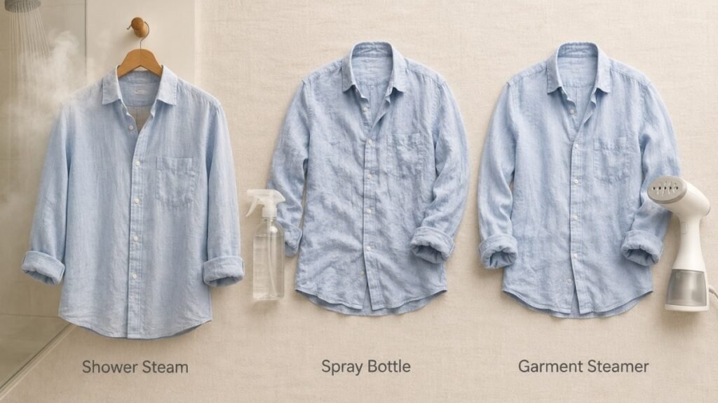 men's linen shirt care guide showing three wrinkle removal methods shower steam spray bottle and garment steamer without iron