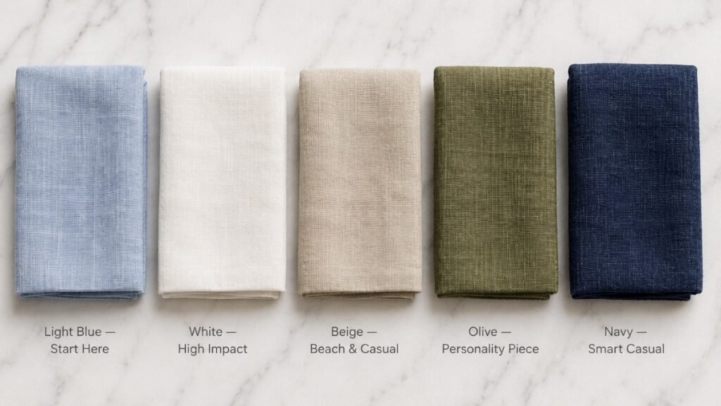 men's linen shirt best colors flat lay showing five fabric swatches in light blue white beige olive and navy with versatility labels