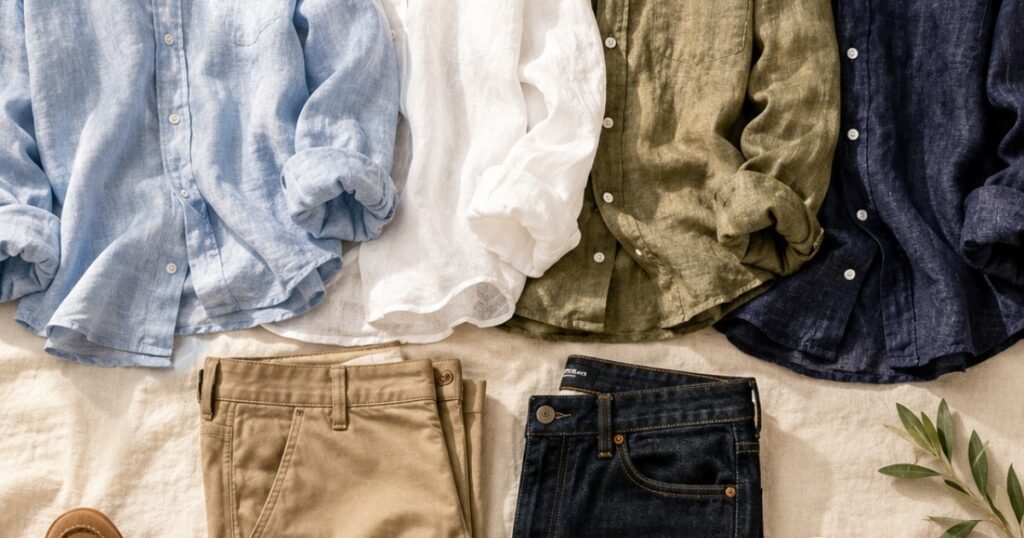 men's linen shirt outfit guide flat lay showing light blue white olive and navy linen shirts with chinos jeans and loafers for summer styling