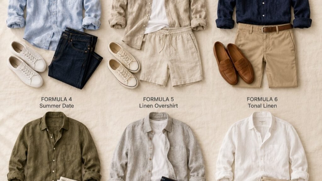 six men's linen shirt outfit formulas grid showing weekend casual beach smart casual office date night and overshirt combinations