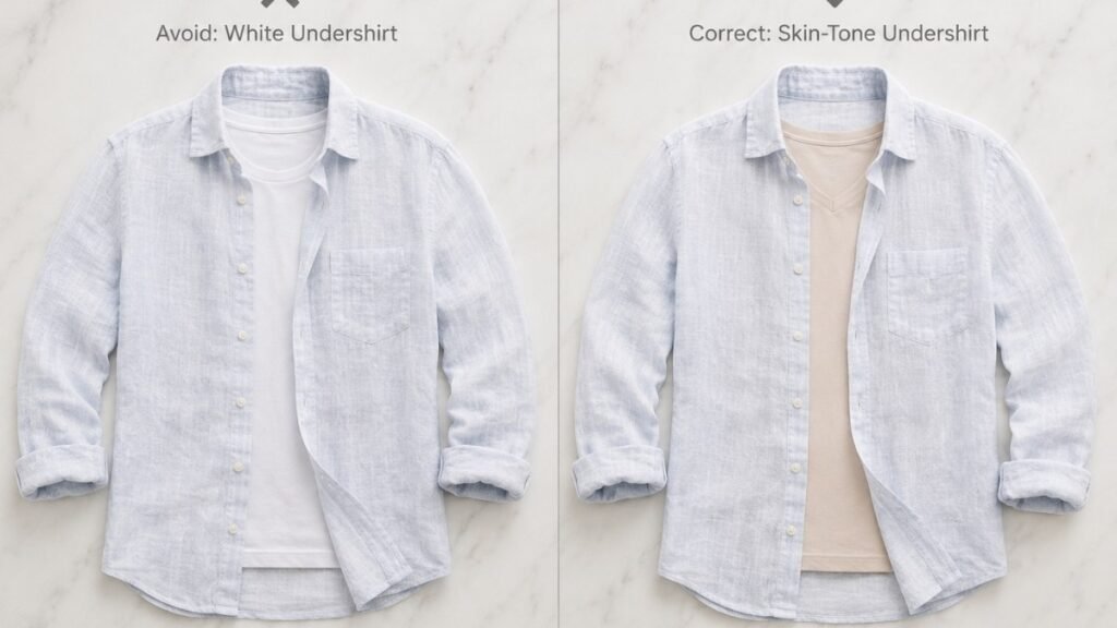 men's linen shirt undershirt color comparison showing white undershirt visible through light linen versus skin tone nude undershirt invisible underneath