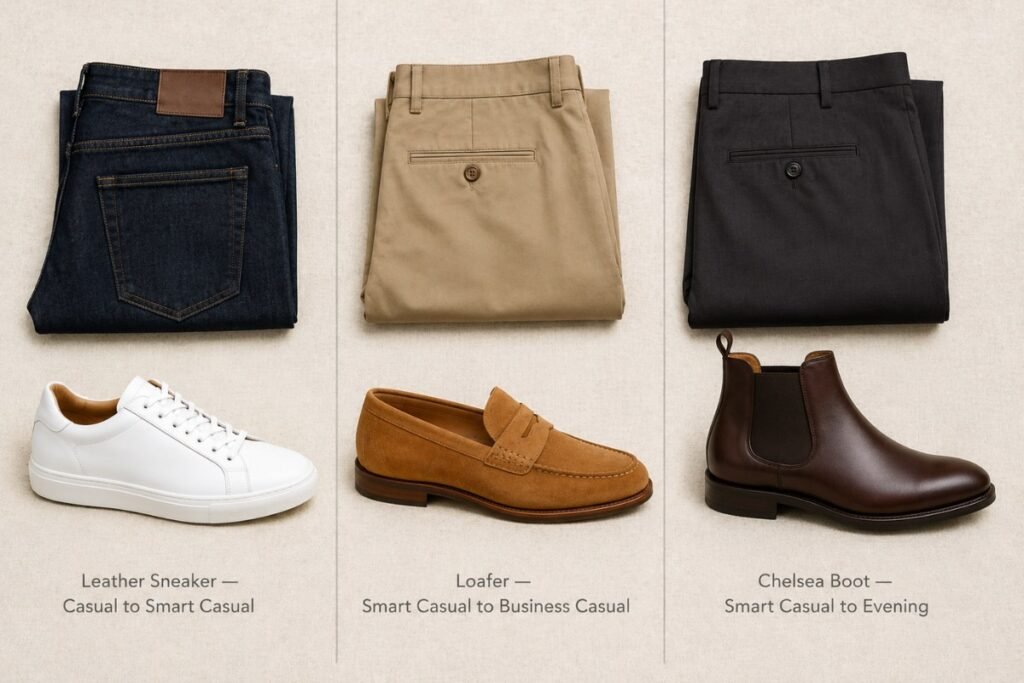 men's casual shoes three category comparison showing white leather sneaker tan suede loafer and brown chelsea boot with outfit context pieces