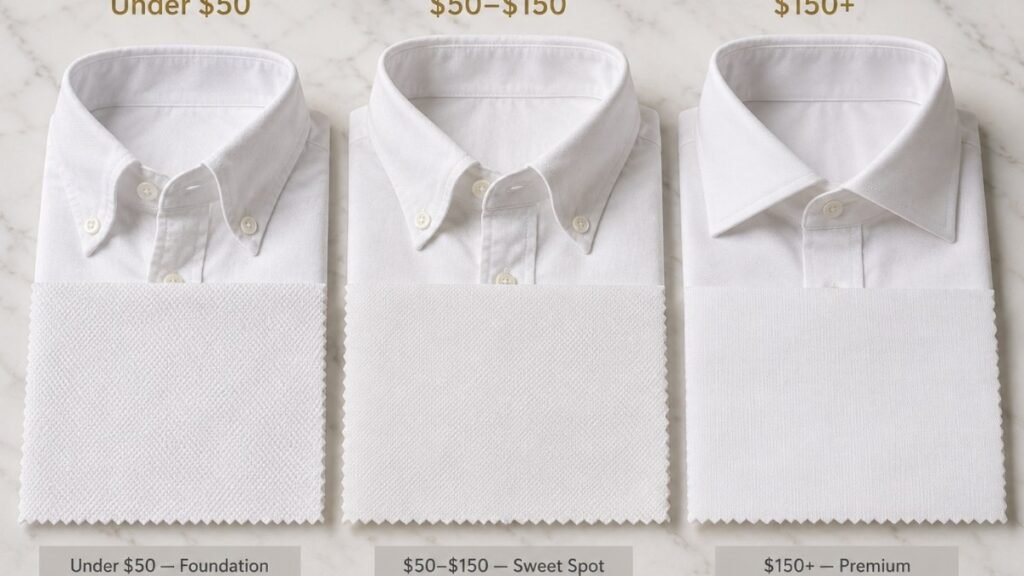 men's clothing brand budget tier comparison showing fabric quality progression from budget basics to mid-range to premium with three white shirt swatches