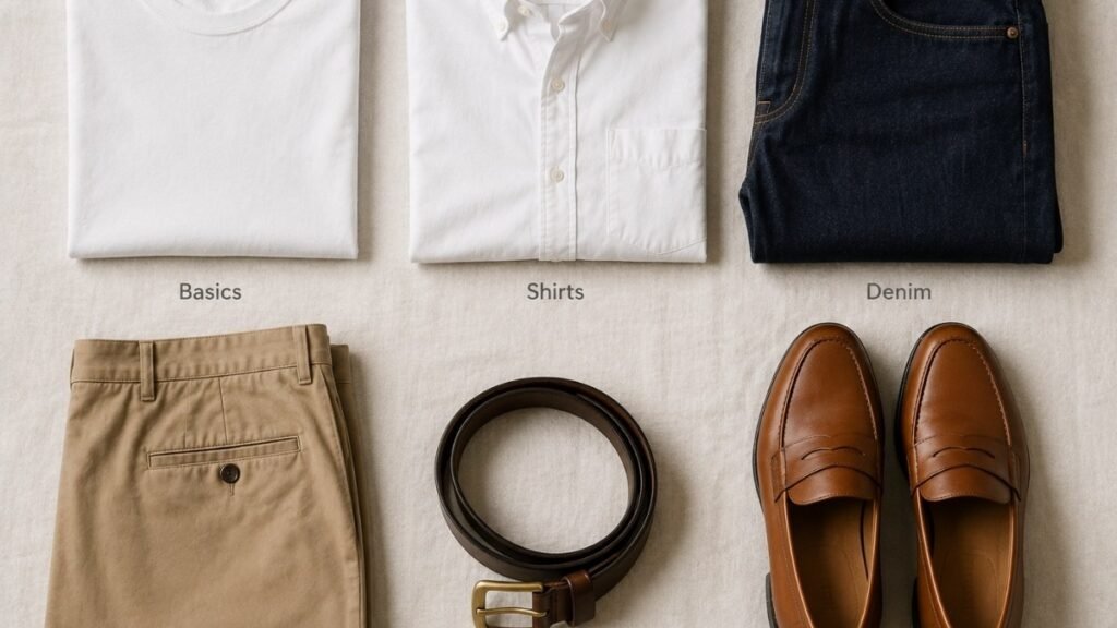 men's clothing brand category winners system flat lay showing different wardrobe pieces each representing best brand for that specific category