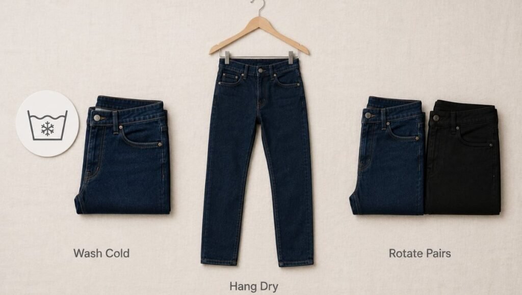 men's jeans care guide flat lay showing cold wash setting hang dry method and two pair rotation for maximum denim lifespan
