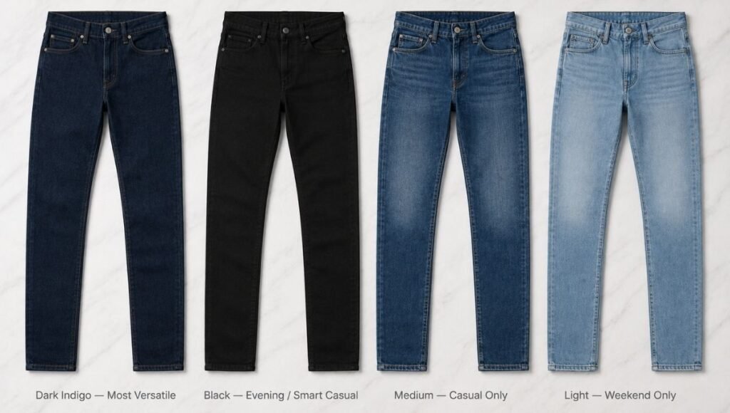 men's jeans wash comparison showing dark indigo black medium wash and light wash denim versatility for different occasions