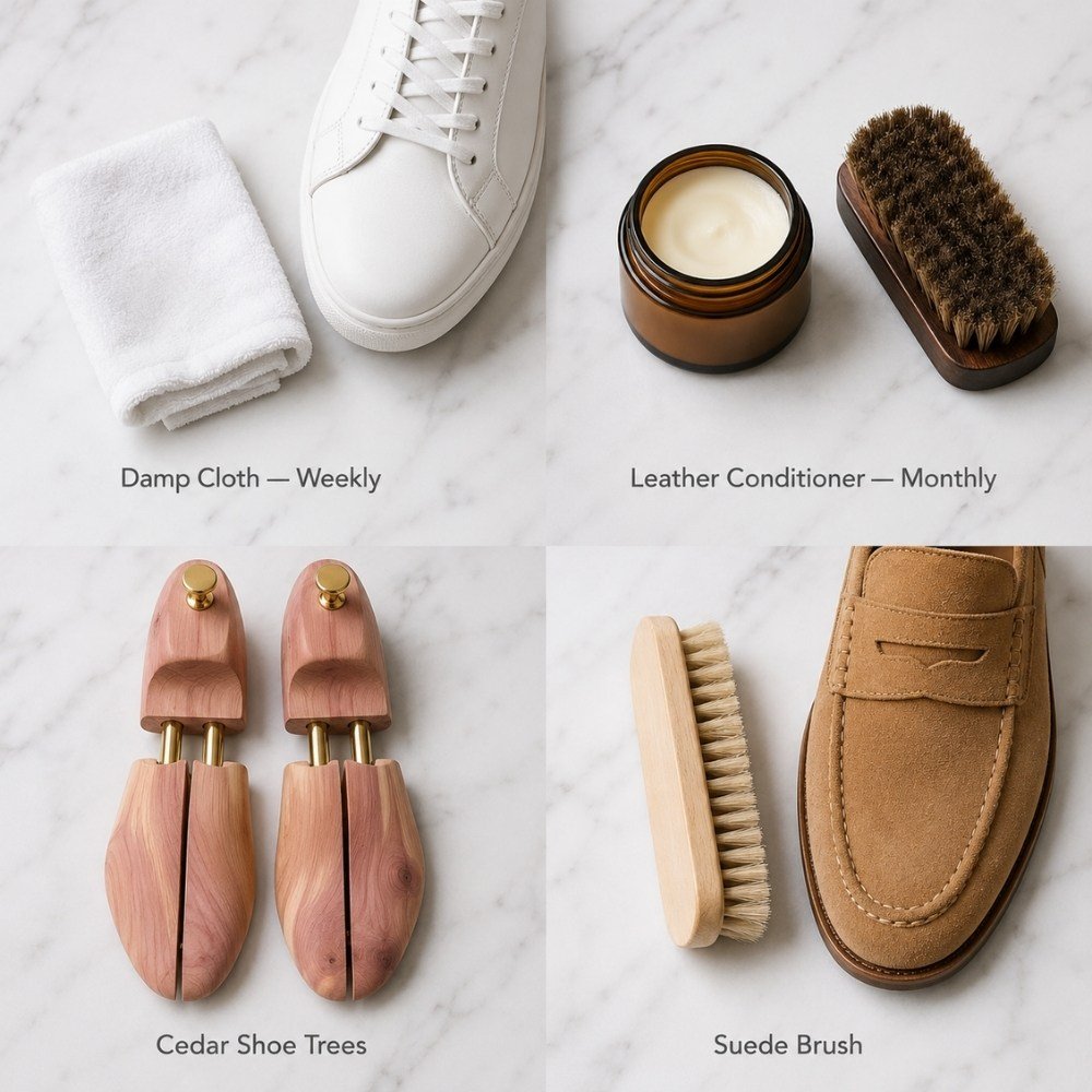 men's shoe care guide flat lay showing leather cleaner cloth cedar shoe trees and suede brush for maintaining casual shoes