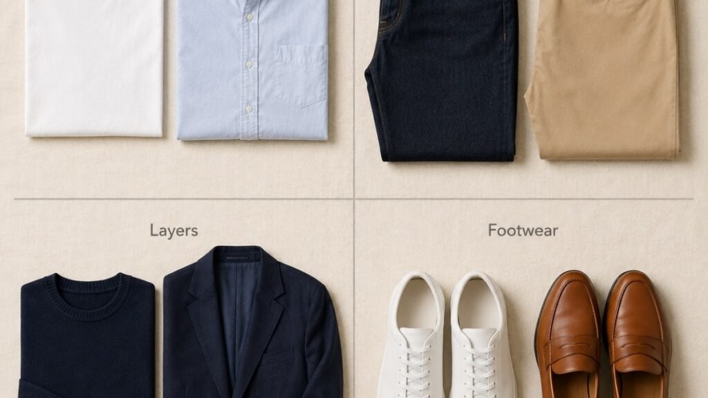 men's 10 piece starter wardrobe flat lay showing tops trousers layering pieces and shoes organized as a complete foundation wardrobe system