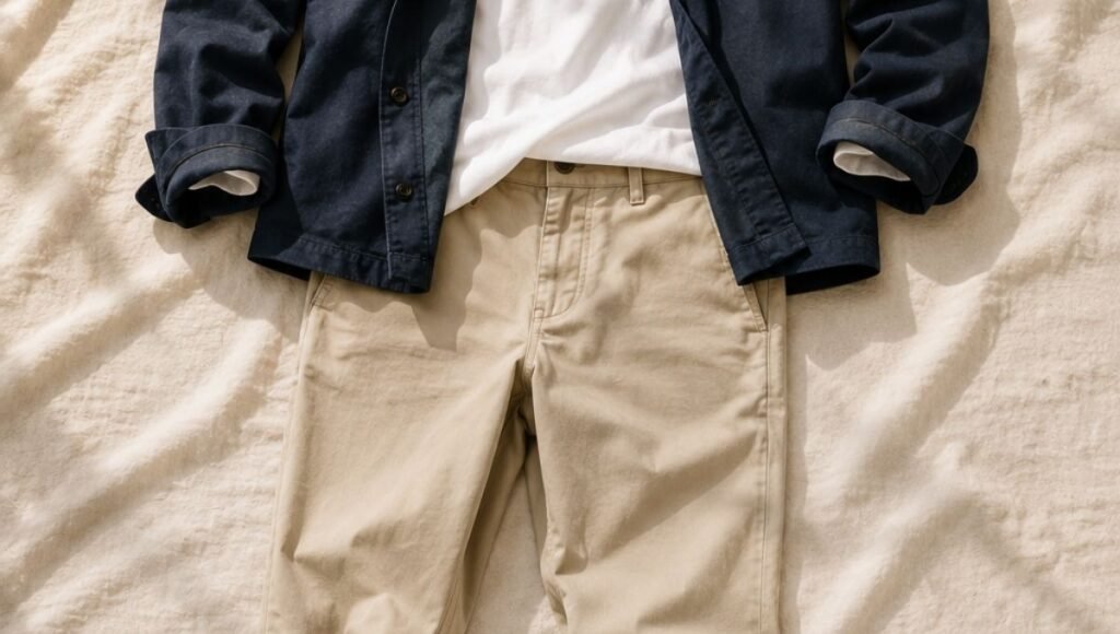 men's spring casual weekend outfit flat lay with navy overshirt white tee stone chinos and white leather sneakers for transitional weather
