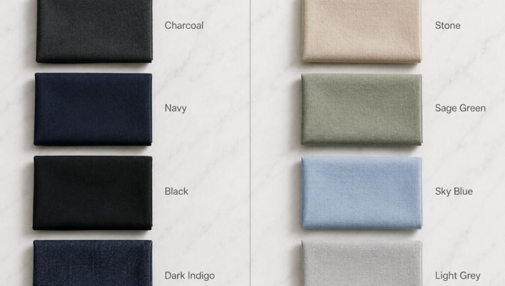 men's spring color shift comparison showing winter dark navy black charcoal versus spring stone sage light blue khaki palette for seasonal wardrobe update