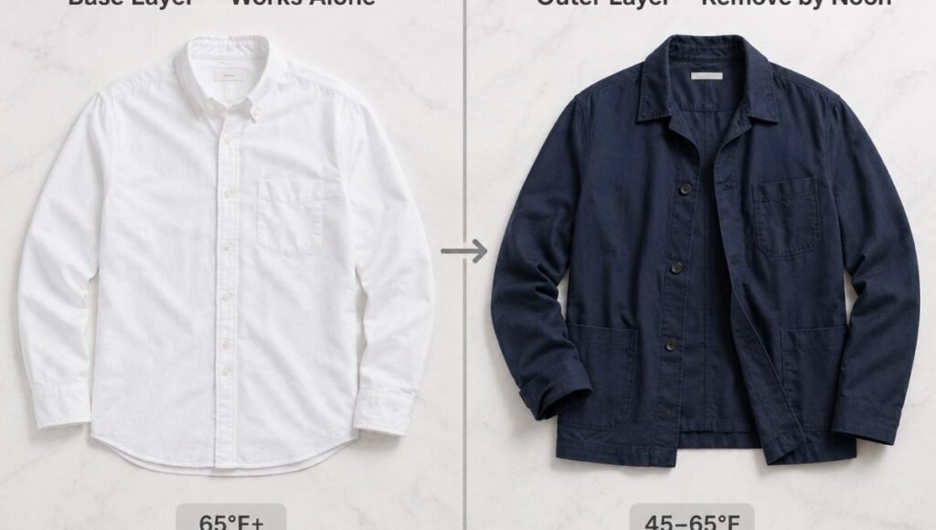 men's spring layering system flat lay showing base layer white oxford shirt with removable outer layer navy overshirt demonstrating two-layer approach