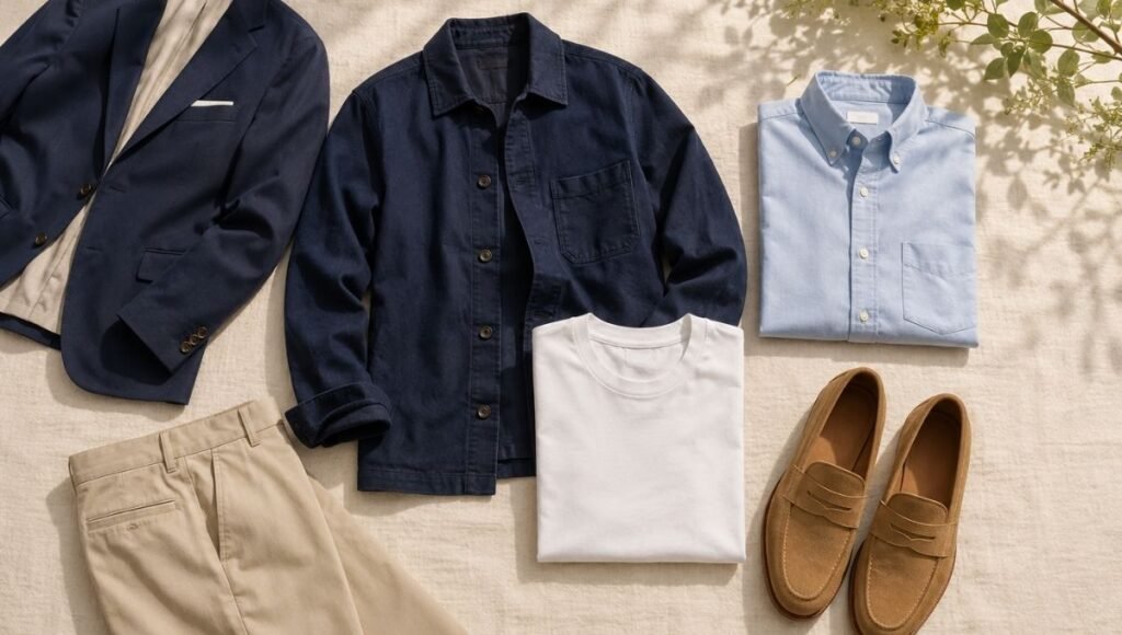 men's spring outfit ideas flat lay showing navy overshirt white tee stone chinos tan loafers and lightweight blazer for transitional weather layering