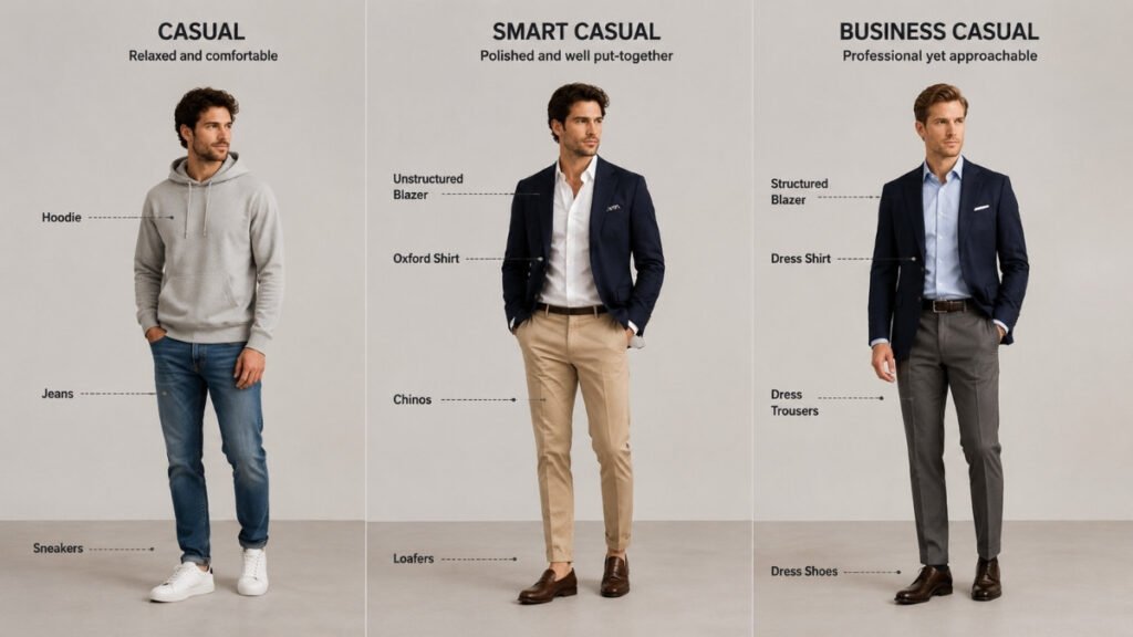 Comparison of men's casual, smart casual, and business casual outfits