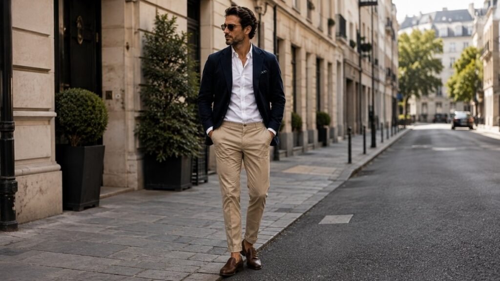 A man wearing a classic smart casual outfit with a blazer, chinos, and loafers