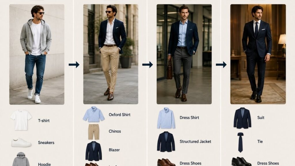 Smart casual dress code spectrum from casual to formal men's clothing